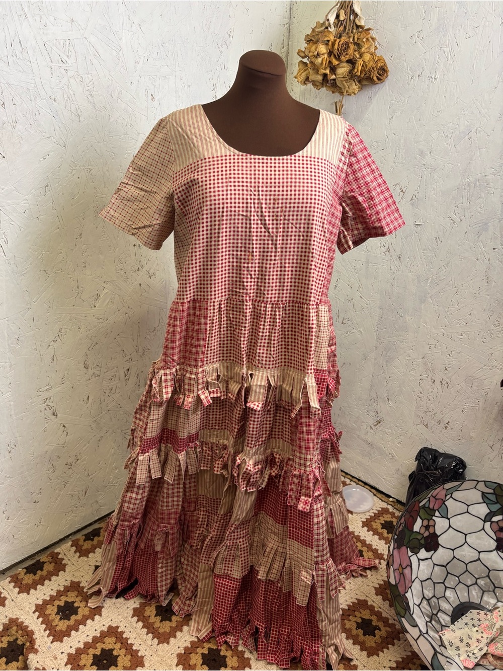 Vintage The Palm Tree Gingham Scarecrow Cottagecore Red & Cream Maxi XL